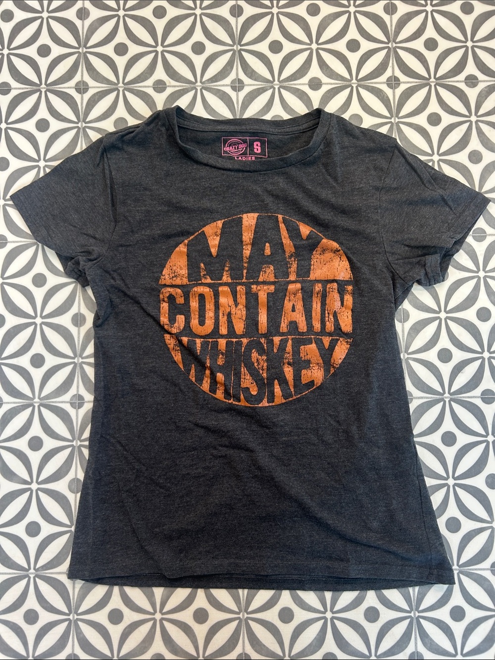 Crazy Dog T-Shirts Women's Black Tee with Orange "May Contain Whiskey" Graphic